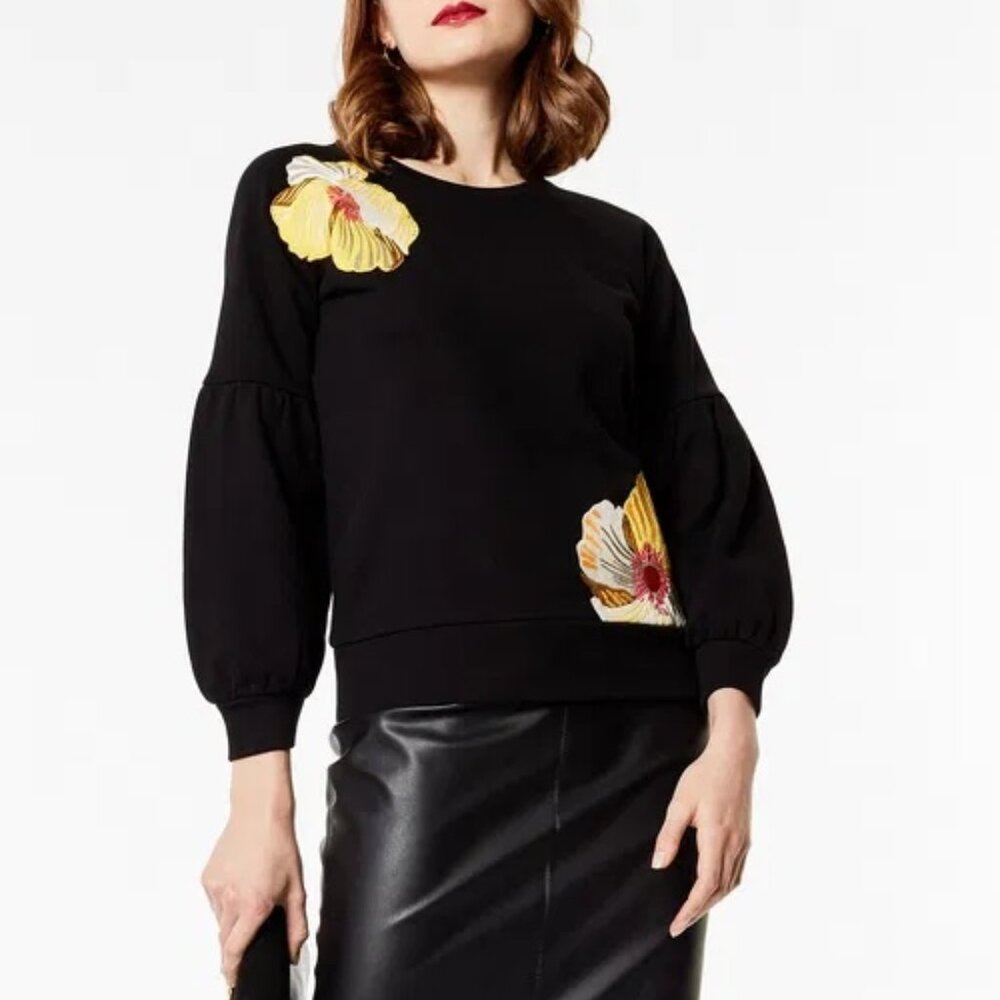KAREN MILLEN Floral Embroidered Black Casual Cotton Balloo Sleeve Sweatshirt Top